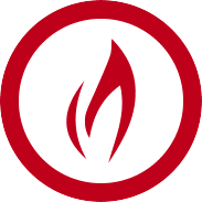 A red flame icon is centrally placed within a white background. The flame, reminiscent of the passion fueling fitness goals, is enclosed inside a thick red circular border. Consisting of two jagged shapes, one larger and one smaller, it symbolizes fire and determination.