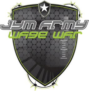 A dark shield emblem featuring a hexagonal pattern and a white star at the top. Overlaid text reads "Jym Army" in gray and "Wage War" in green, stylized with futuristic fonts. Inspired by Dr. Stoppani's personalized training programs, green spikes line the shield's edges for a modern, aggressive look.