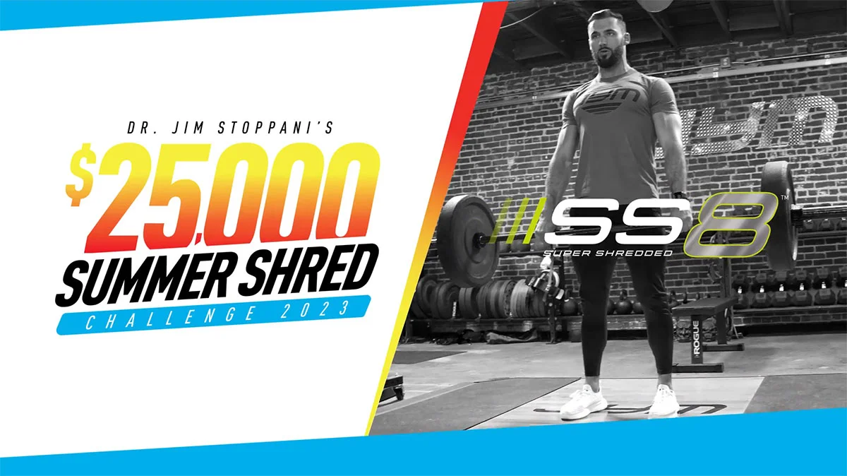 A promotional banner for Dr. Jim Stoppani's ,000 Summer Shred Challenge 2023 features a man in workout attire at the gym, surrounded by equipment. The text "SS8" and "Summer Shred 8" is displayed prominently. Join Dr. Stoppani and Kirkland Expert Trainers to achieve your ultimate fitness goals!