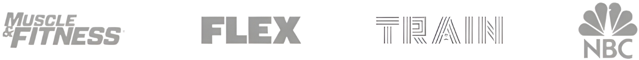 Logos of four different brands in grayscale: "Muscle & Fitness," "FLEX," "Train," and "NBC," highlighting personalized training programs and fitness goals.