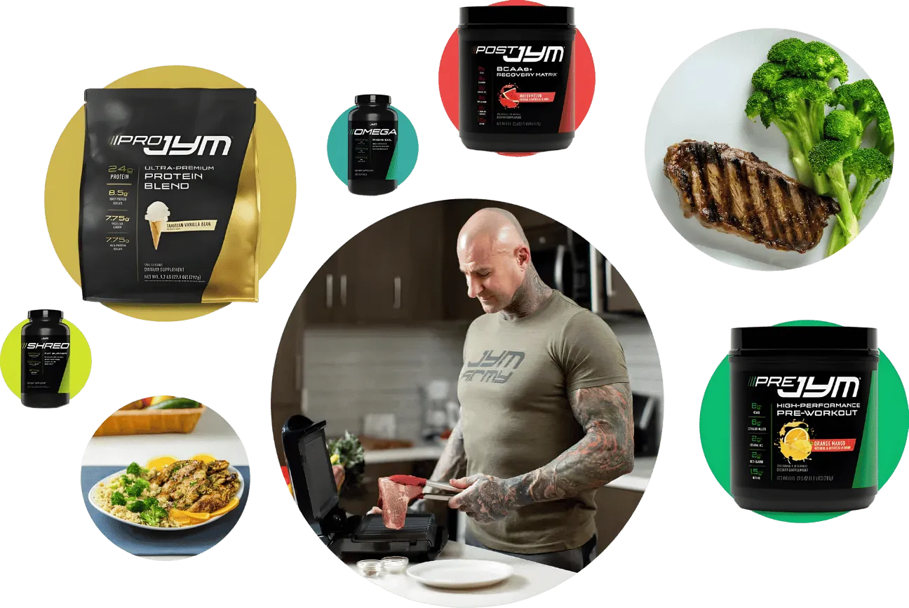 A muscular man, likely a personal trainer, is cooking on a grill in the center. He is surrounded by various supplement products and healthy foods including a bowl of pasta, a plate of steak with broccoli, and jars of different supplements—all essential for achieving fitness goals.