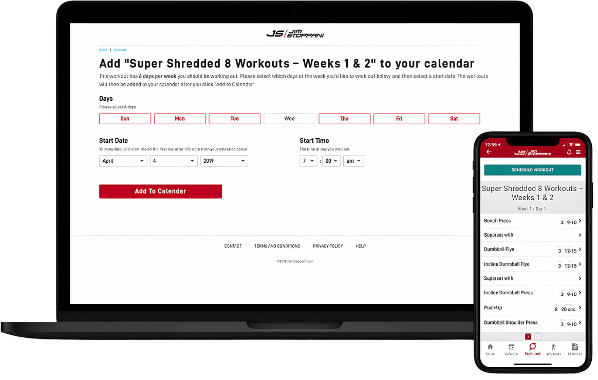 A laptop screen displays a website for adding "Super Shredded 8 Workouts - Weeks 1 & 2" to a calendar. The form includes start date selection (April 2019) and start time (7:00 AM) with options to save, helping you seamlessly integrate your fitness goals. A smartphone showing the same page is visible beside it.
