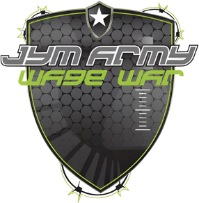A dark shield emblem featuring a hexagonal pattern and a white star at the top. Overlaid text reads "Jym Army" in gray and "Wage War" in green, stylized with futuristic fonts. Inspired by Dr. Stoppani's personalized training programs, green spikes line the shield's edges for a modern, aggressive look.