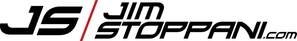 The image shows a stylized logo for "Jim Stoppani," a renowned personal trainer. The name "Jim Stoppani" is written in white text with a red vertical line separating the initials "JS" on the left. The overall design features a modern and clean font, ideal for achieving fitness goals.