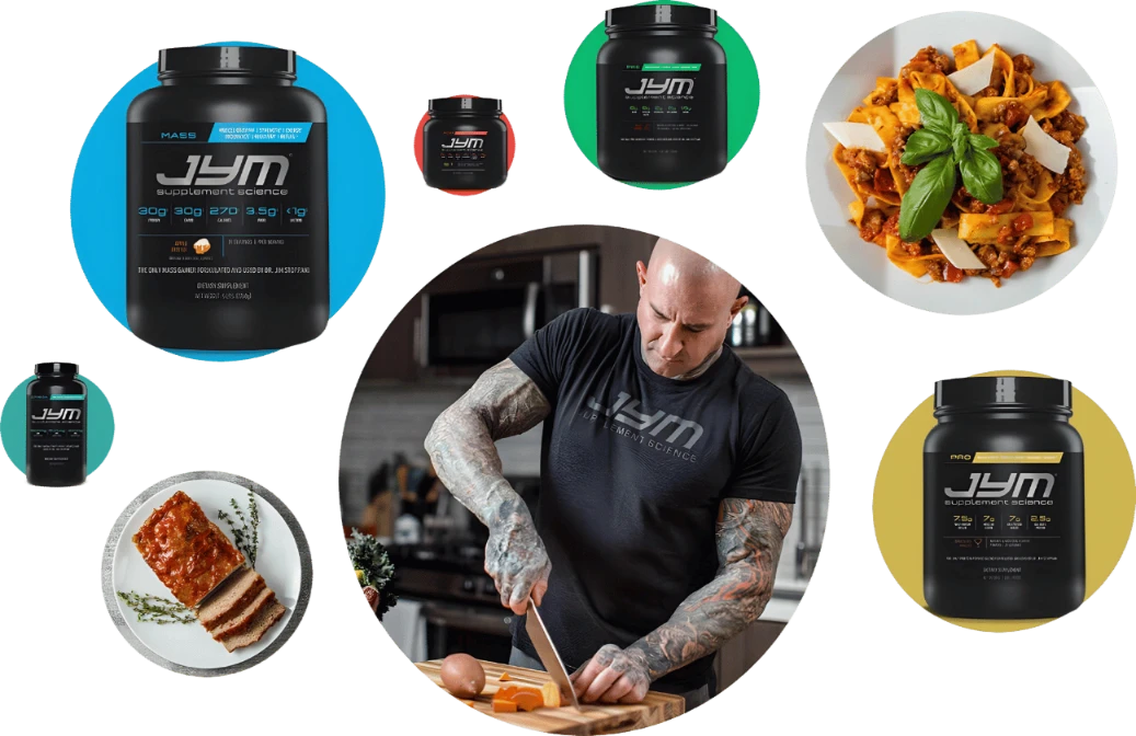 A bald, tattooed man in a JYM shirt chops vegetables in a kitchen. Surrounding him are various JYM supplement containers and a plate of pasta. The supplements are displayed in different colors and sizes, showcasing the expertise of Dr. Stoppani's product line.