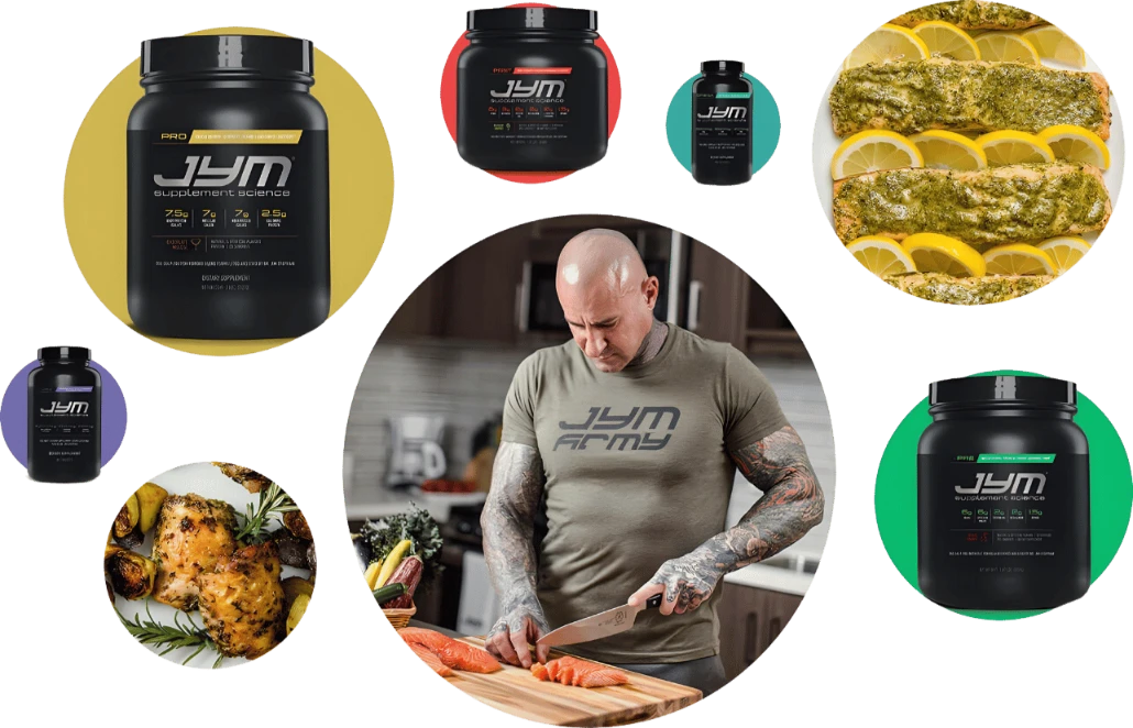 A central image features a bald man with tattoos, wearing a "JYM Army" shirt, slicing salmon in a kitchen. Surrounding the central image are various JYM supplement containers and cooked food items, such as baked chicken and fish fillets with lemon slices, reflecting Dr. Stoppani's focus on fitness goals.