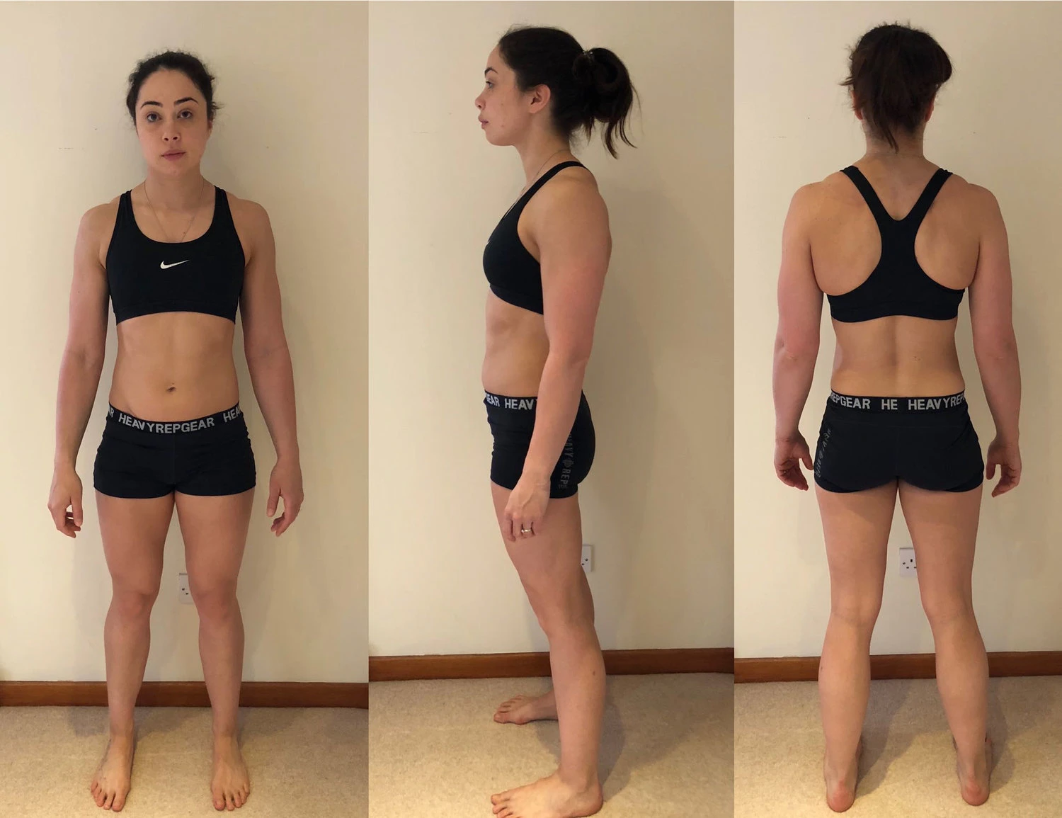 Three side-by-side images show a woman in a black sports bra and black shorts standing in front of a beige wall. She is photographed from the front, side, and back. Her arms are relaxed at her sides, embodying her fitness goals as she stands barefoot on a light-colored carpet.