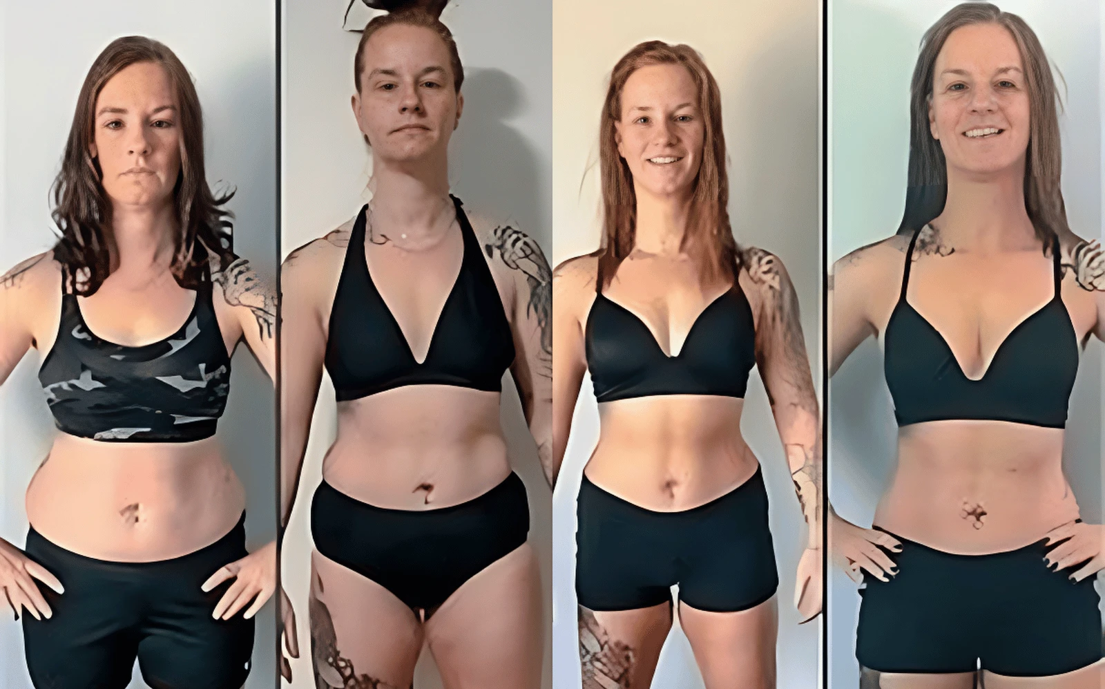 A woman is depicted in four before-and-after images, wearing a sports bra and shorts in various styles. The images illustrate her transformation toward reaching her fitness goals, guided by Dr. Stoppani. With tattoos on her arms, she appears significantly more toned in the later photos.