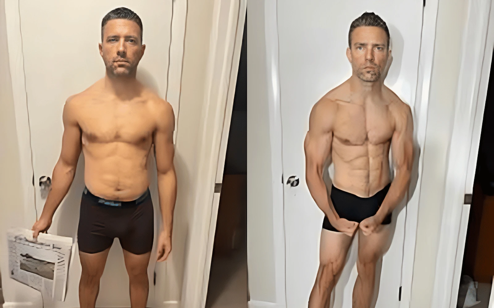 A side-by-side comparison of the same man shows a fitness transformation. On the left, he is standing in black boxer briefs, holding a newspaper, with a less defined physique. On the right, guided by his personal trainer and Dr. Stoppani's program, he flexes in black briefs, displaying a much more muscular and toned body.