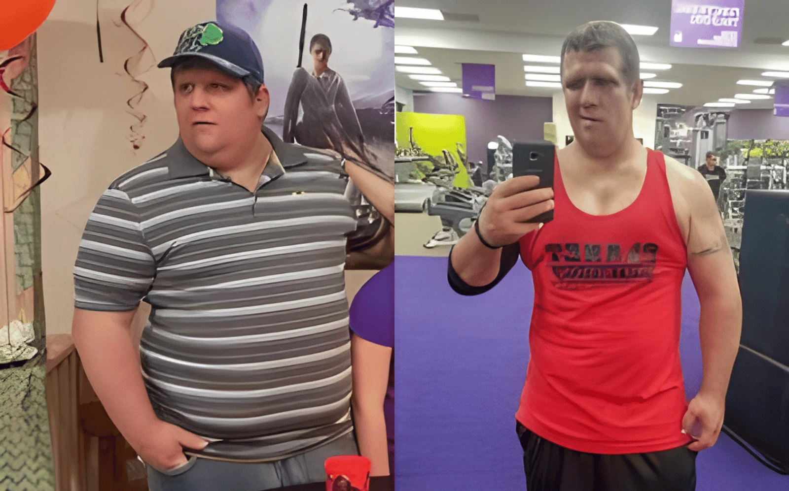 A side-by-side comparison shows the transformation of a man before and after weight loss with the help of Dr. Stoppani. The left image has him in a striped polo shirt, and the right image shows him in a red tank top in a gym, appearing significantly slimmer and more muscular.