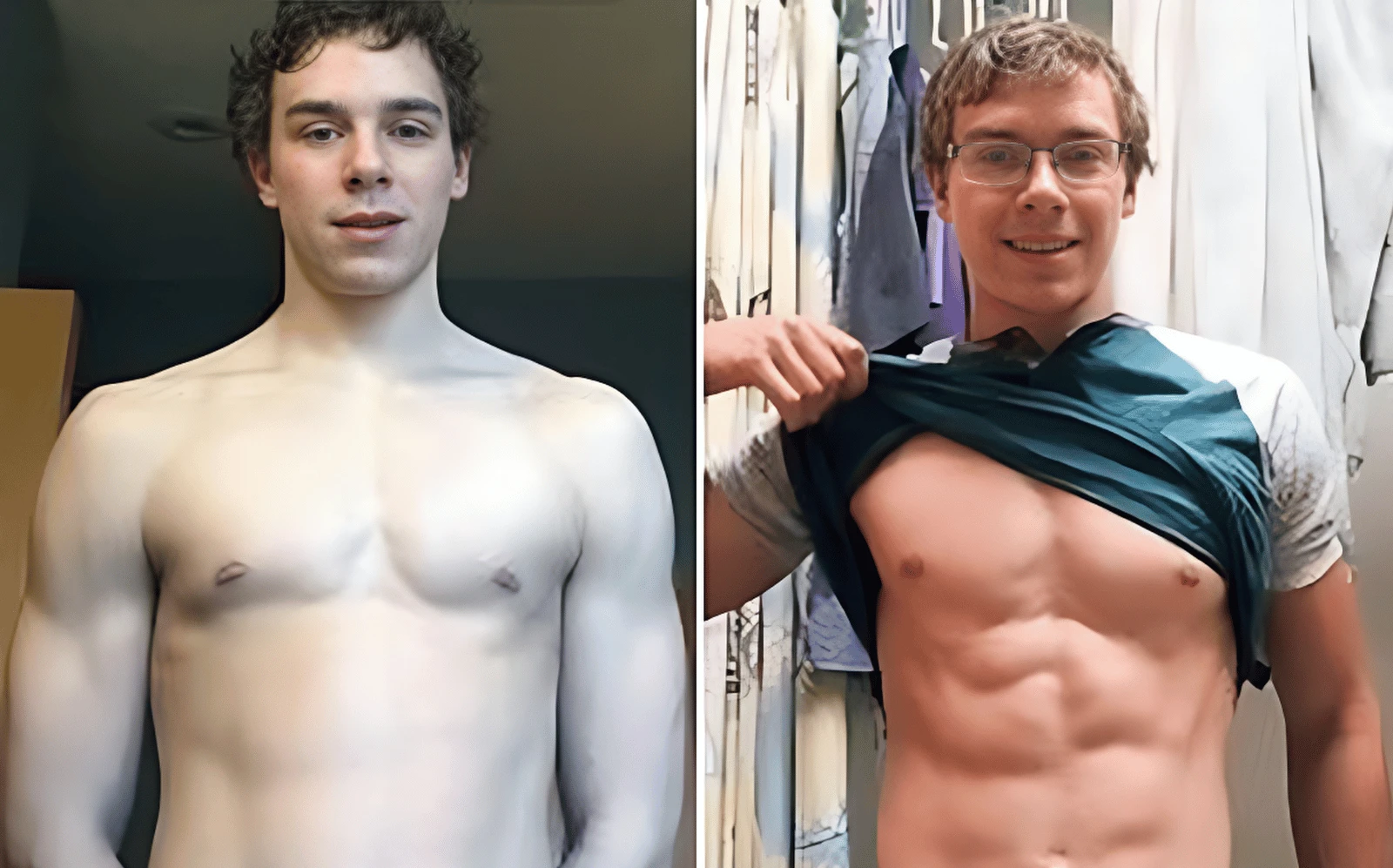 Side-by-side images of the same man, showing his physical transformation. On the left, he has less muscle definition and slightly longer, darker hair. On the right, guided by Personal Trainer expertise, he lifts his shirt to reveal well-defined abs and has shorter, lighter hair while wearing glasses.