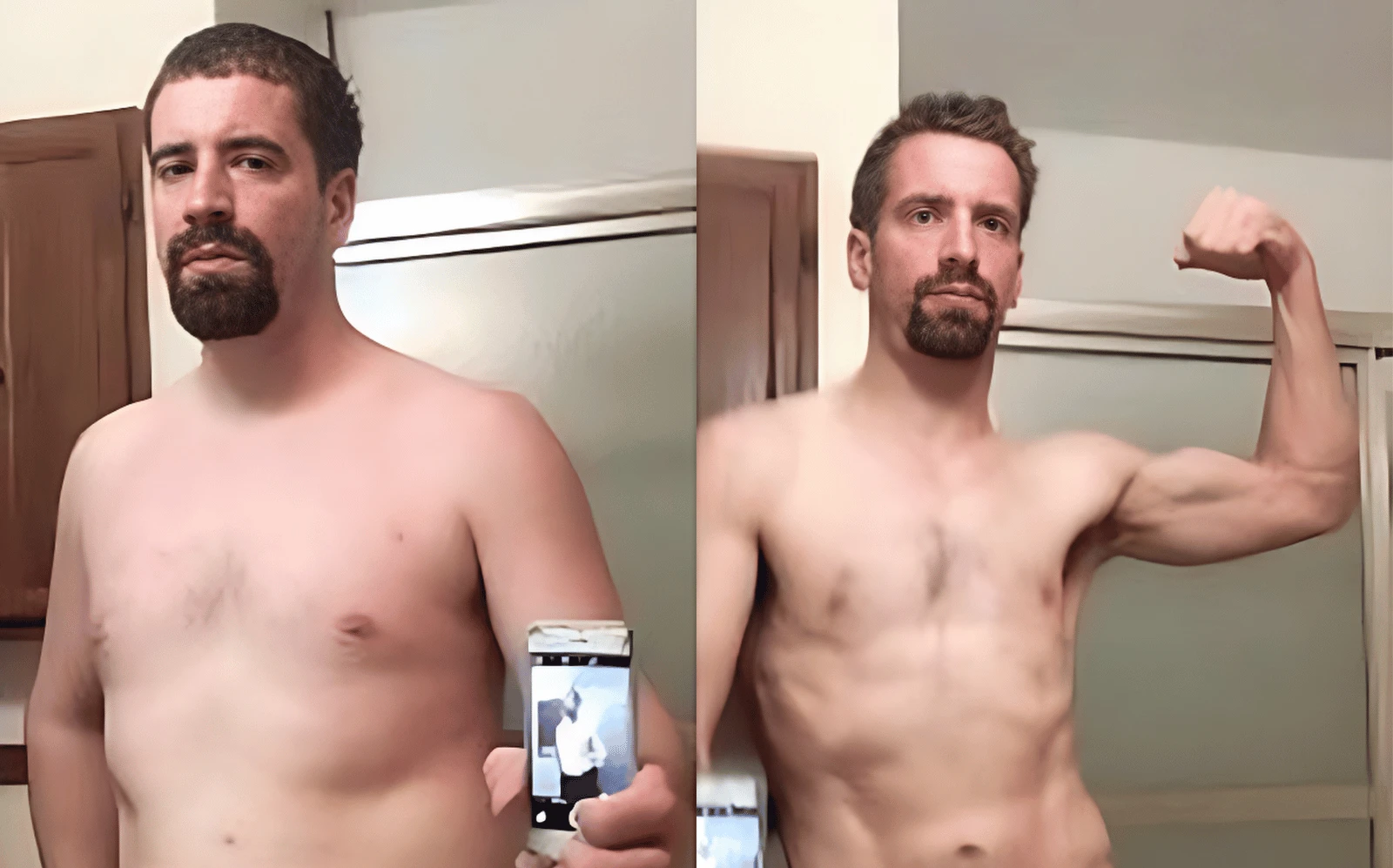 A before-and-after transformation photo of a shirtless man standing in a bathroom. In the left image, he stands with a neutral expression, while in the right image, he flexes his bicep and has a more defined physique, crediting Kirkland Expert trainers for guiding his progress. The phone is visible in the left image.