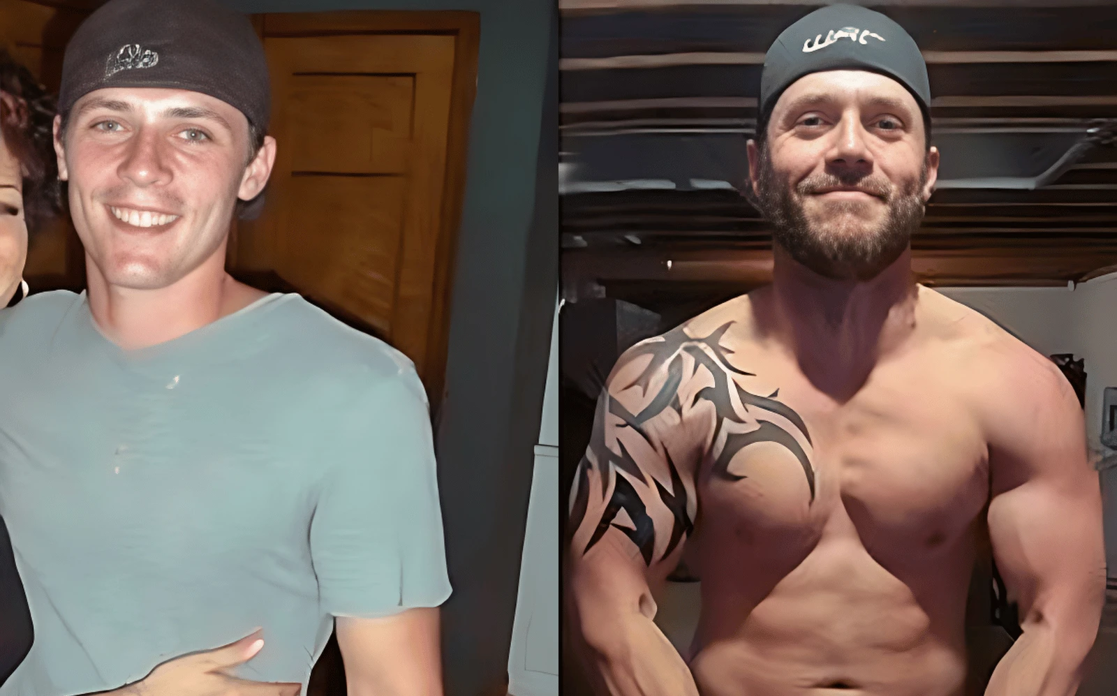 A side-by-side comparison photo. On the left, a man wearing a light blue shirt and a dark cap is smiling. On the right, the same man, now shirtless, wearing a dark cap and showcasing his Kirkland Expert trainers' inspired muscular physique and a tribal tattoo on his left arm.