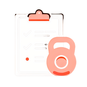 An illustration of a clipboard with a checklist showing two checkmarks and a red dot, accompanied by a large padlock symbol, indicating security or protection of information. The design uses shades of white, red, and pink. This visual evokes the thoroughness akin to Kirkland Expert Trainers delivering personalized training programs.
