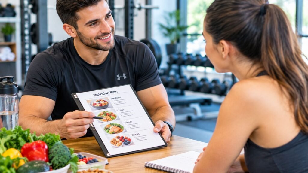 Fitness trainer discusses a nutrition plan with a female client at a gym, clipboard labeled 'Nutrition Plan' in hand.