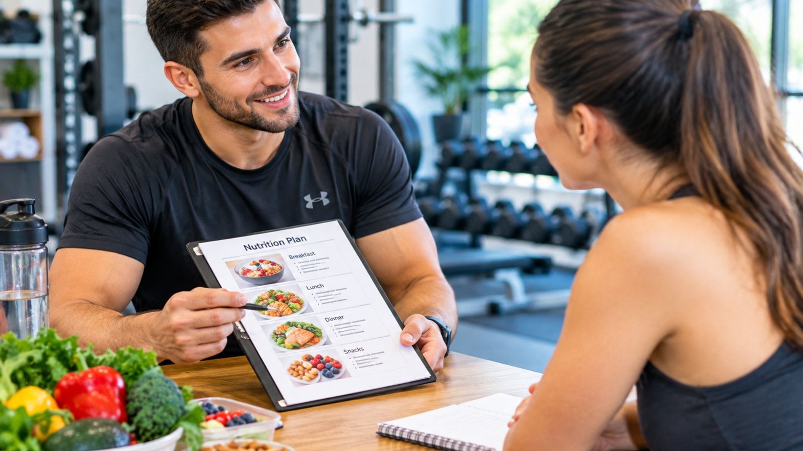 Fitness trainer discusses a nutrition plan with a female client at a gym, clipboard labeled 'Nutrition Plan' in hand.