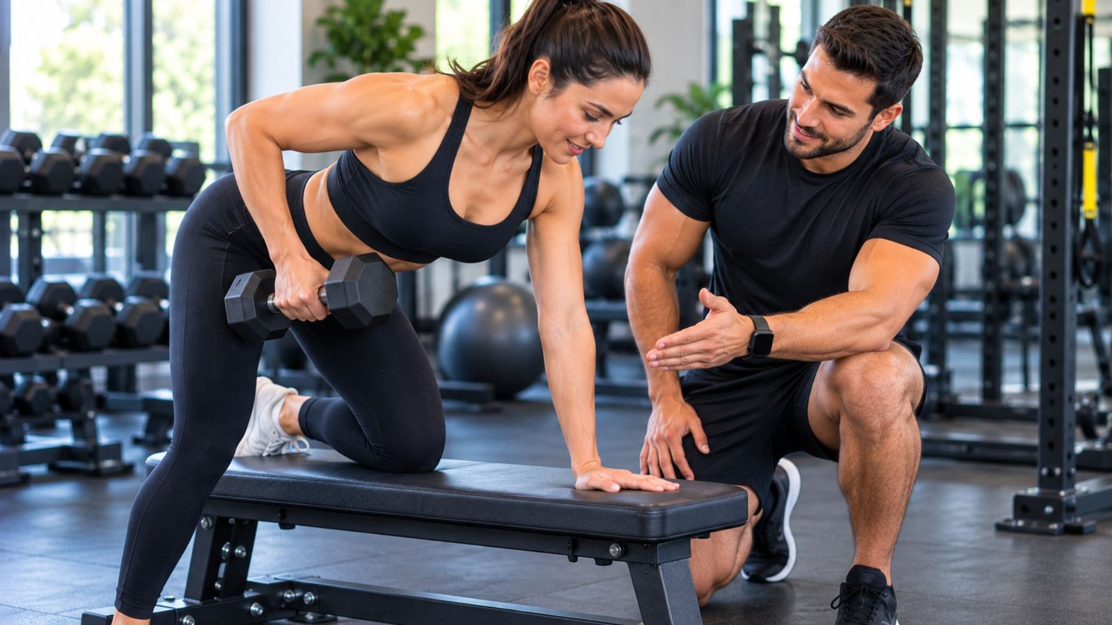 Woman in black athletic wear performs a dumbbell row on a bench while a trainer coaches beside her in a gym.